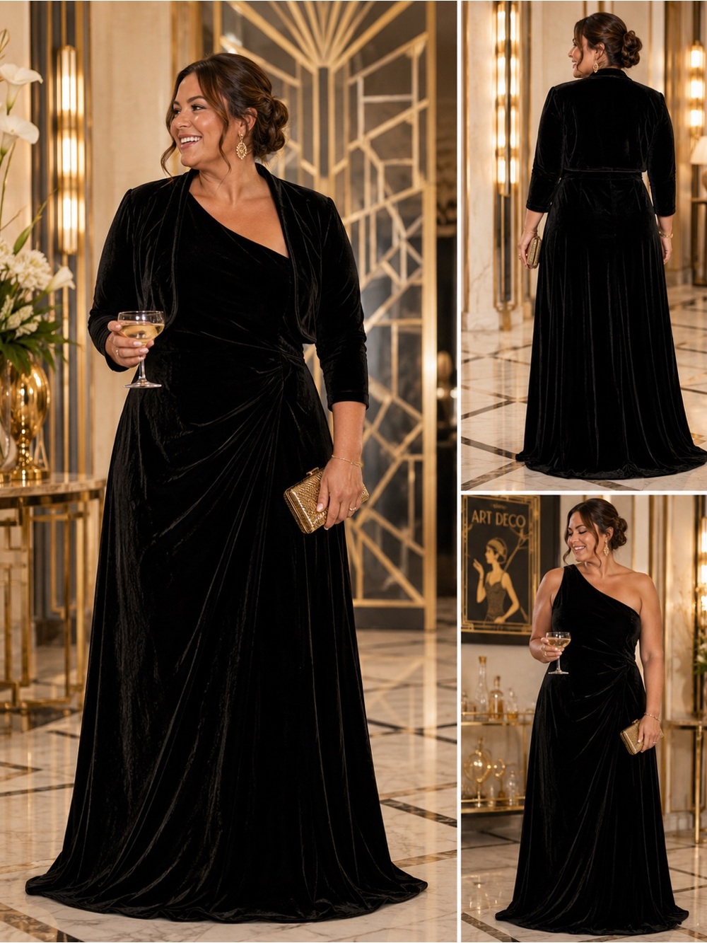 Vintage 90s Black Velvet One Shoulder Dress Bolero L Art Deco Evening